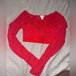 ALO Yoga Red Mesh Long Sleeve Crop Top with built in bralette